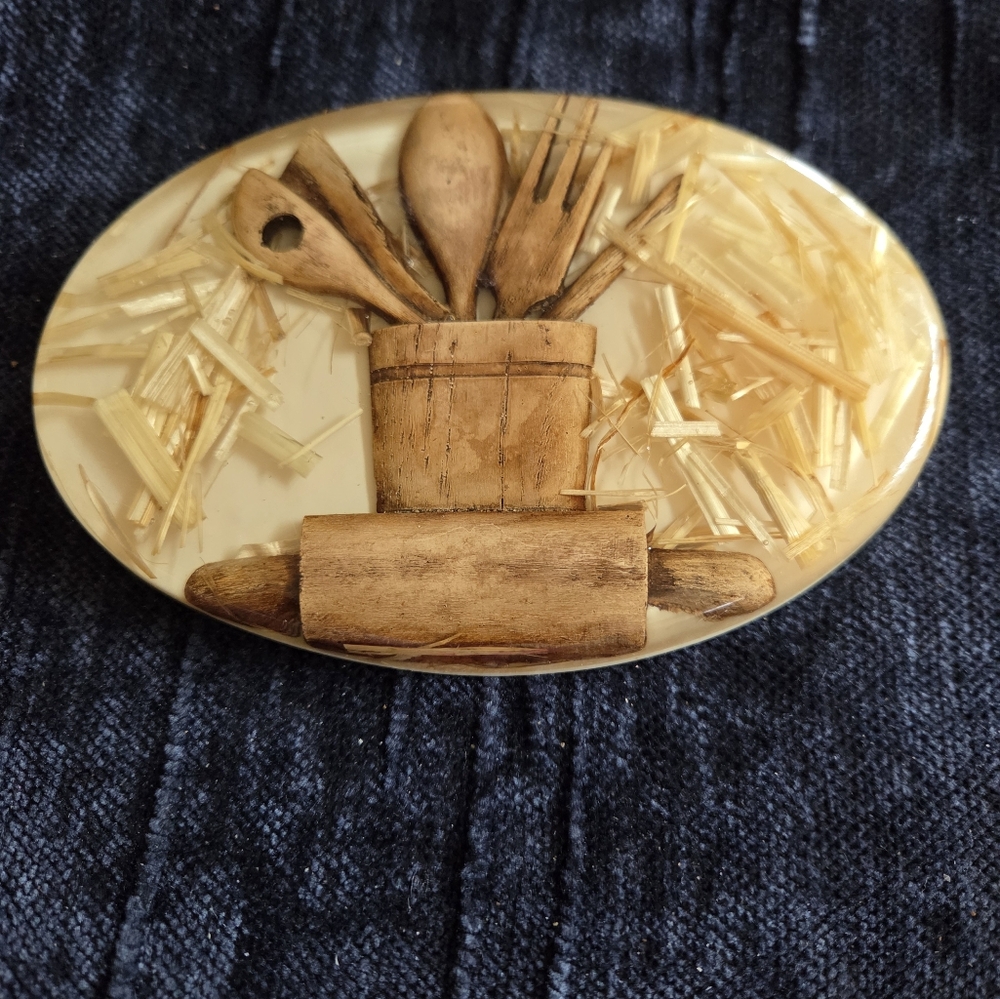 70's Acrylic Lucite Straw And Wooden Kitchen Tools Oval Plaque